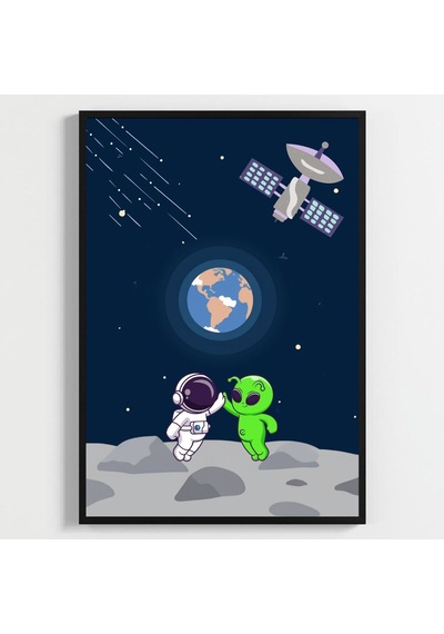 Besay Kozmik Dostluk Modern Çocuk Odası Duvar Dekorasyonu Ufo Ve Gezegen İllüstrasyonlu Komik Tablo Seti 3'lü Set A3 Çerç