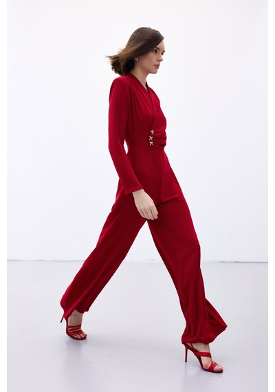Sateen Fiyonk Aksesuarlı Krep Tulum - Kırmızı-136702 Kırmızı