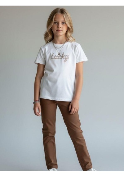 Zekids Kız Çocuk Lucky Baskılı Pamuklu T-shirt-16886 Ekru Kahve