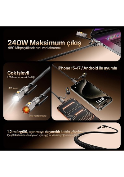 T2ın1c 240w Led Fener Ve Alevsiz Çakmak Fonksiyonlu Type-c To Type-c Şarj Ve Data Kablosu 1.2 Metre Siyah
