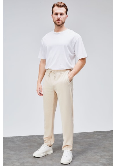 HLT Jeans Erkek Bej Relaxed Fit Yandan Cepli Beli Lastikli Bağcıklı Duble Paça Jogger Pantolon Bolt-1999 Bej
