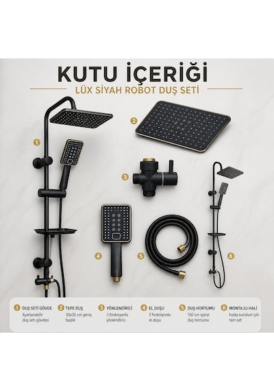 Lüx Premium Siyah Robot Duş Seti Tepe Yağmurlama El Duşu Kare Siyah Robot Set