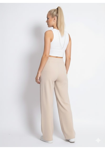Ribana Classic Beli Cırtcırtlı Likralı Krep Pantolon Bej