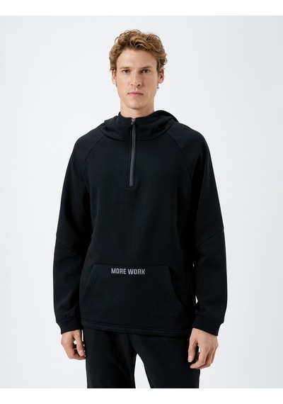 Koton Kapüşonlu Yarım Fermuarlı Spor Sweatshirt Kanguru Cepli Siyah 4wam70004nk Siyah