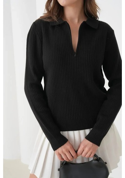 Park Karon Kadın Fitilli Polo Yaka Kazak Fermuar Detaylı Yumuşak Dokulu 12356 Siyah