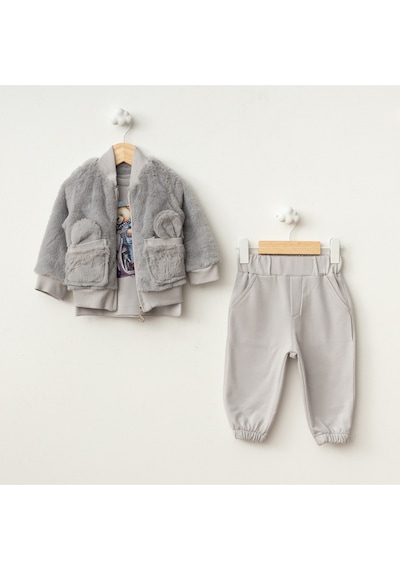 Baby Fou Peluş Hırkalı 3'lü Takım Gri