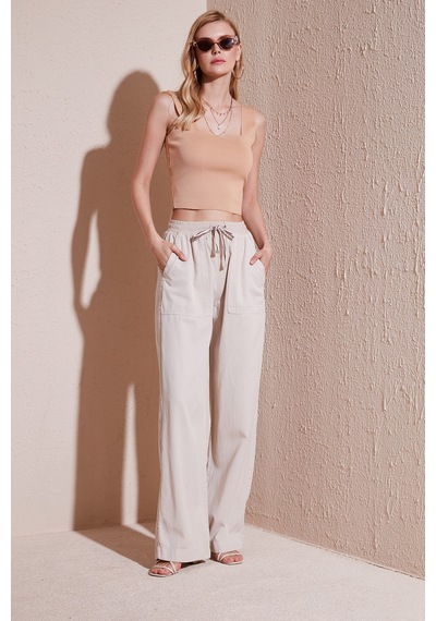 Lela Relaxed Fit Yüksek Bel Bol Paça Bayan Pantolon 668Yp5040 Taş