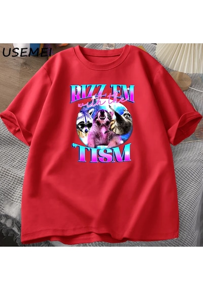Flood Of Style Rizz Em İle Tism Komik T Shirt Erkekler Vintage Rakun Bootleg T-shirt Otizm Tees Kısa Kollu P Kırmızı