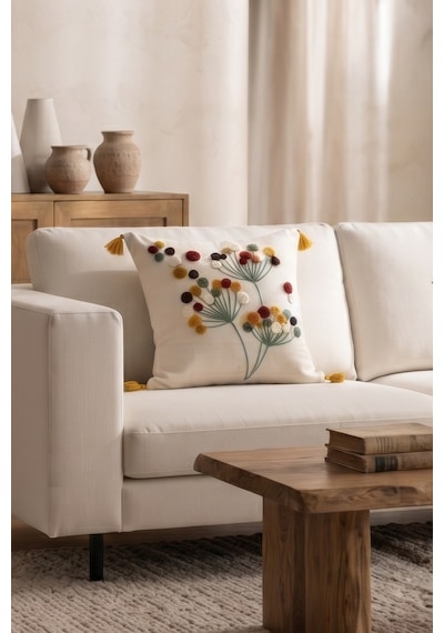Polen Punch Nakışlı Çiçek Desenli Dekoratif Gizli Fermuarlı Püsküllü Kırlent Kılıfı 42 X 42 Cm Bej