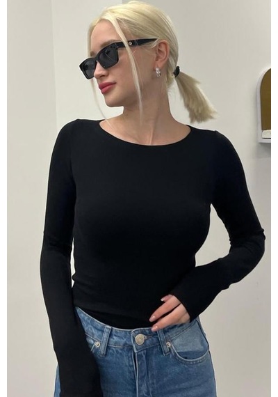 Madmext Siyah Kayık Yaka Uzun Kollu Kadın Top Body Mg2267 Siyah