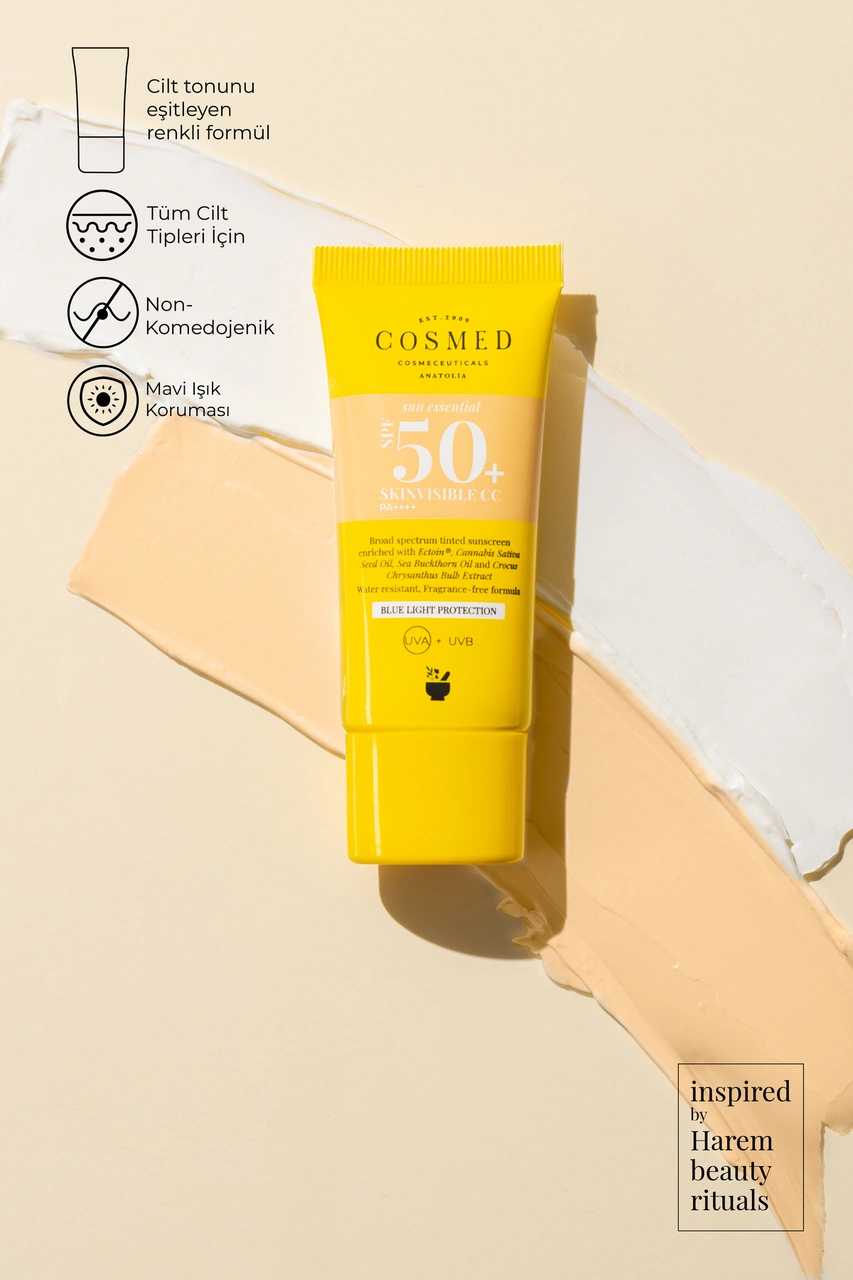 Cosmed Tüm Cilt Tipleri İçin Renkli Suya Dayanıklı SPF50+ Güneş Kremi - Skinvisible CC SPF50+ - 30 ml