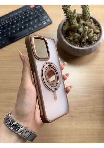 Apple Uyumlu iPhone 15 Pro Max Standlı Ve Yüzüklü Magsafe Kılıf Soocase721 Kahverengi