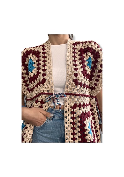 El Yapımı Bağlamalı Uzun Bohem Granny Square Kadın Yelek