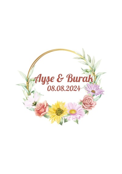 Sade Çiçekli Altın Çelenk Etiketi Kına Nişan Düğün 3x3 Cm Özel Etiket / 50 Adet Sticker Beyaz