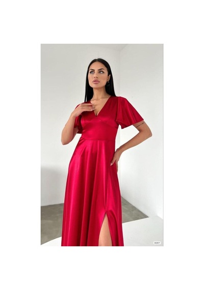 Store Saten Yaka Elbise V Kollu Kısa Kumaş Kırmızı - 935909051 Kırmızı