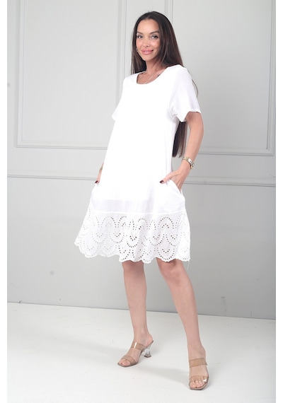 By Saygı Kadın İtalyan Kısa Kollu Eteği Fisto Astarlı Cepli Cotton Midi Elbise Beyaz