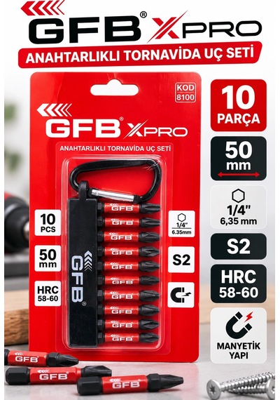 Gfb Xpro 10 Parça 50 Mm Anahtarlıklı Manyetik Tornavida Uç Seti 1/4" S2