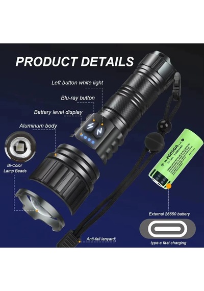 Bd-14 10w Tg Led Alüminyum Alaşımlı Zoomlu Type-c Şarjlı El Feneri