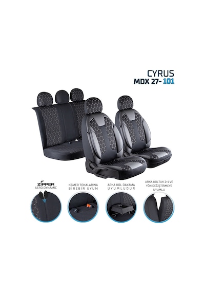 Hyundai İ20 Active Deri Detaylı Oto Koltuk Kılıfı Ön Arka Set Cyrus Siyah Beyaz