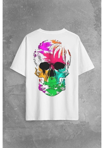 Rengarenk Kafatası Skull Head Gökkuşağı Renkleri Sırt Ön Baskılı Oversize Tişört Unisex T-shirt 001