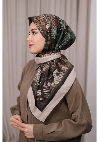 Mimiyum İz Desen Soft Eşarp Yeşil Bej Çok Renkli