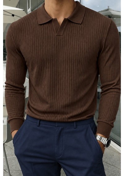 Genius Store Erkek Polo Yaka Kazak Fitilli Anti Pilling Tüylenme Yapmaz Regular Fit Erkek Triko Kazak Pyaka-kzk Kahverengi