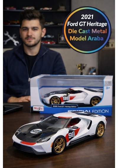 Maisto 1:18 2021 Ford Gt Heritage Edition 98 Diecast Model Araba Metal Gövde Açılır Kapılı Beyaz 3+