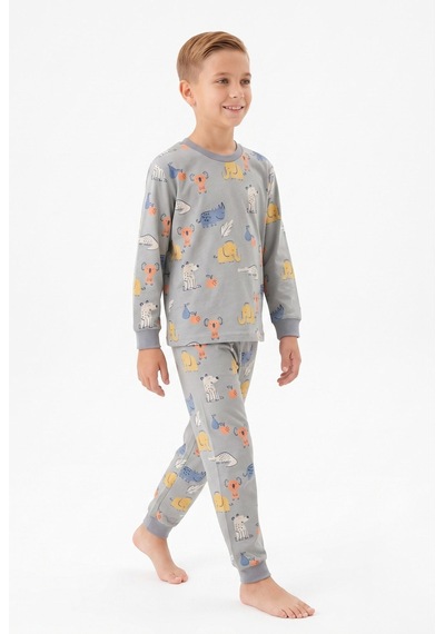 Bunny Hopp Erkek Çocuk Uzun Kollu Pijama Takımı %100 Pamuk Safari Hayvan Desenli Penye Gri