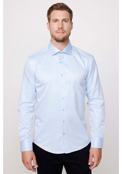 Tudors Modern Slim Fit Uzun Kollu Düz Saten Pamuklu Erkek Mavi Gömlek-23050 Mavi