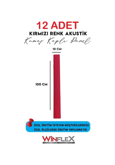 12 Adet Dekoratif Akustik Kumaş Kaplı Panel- 10x100cm Kırmızı