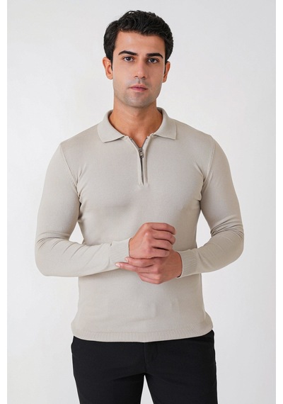 Slim Fit Esnek Pamuklu Fermuarlı Polo Yaka Taş Triko Tr 902