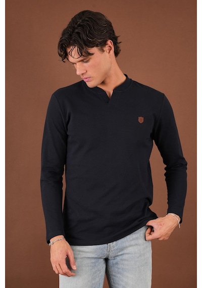 V Yaka Yırtmaç Detaylı Uzun Kollu T-shirt Koyu Lacivert