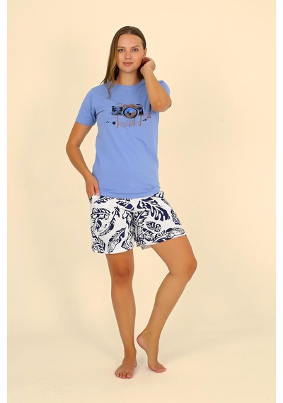Akbeniz Kadın Şortlu Kısa Kol Penye Pijama Takımı Mavi 3622