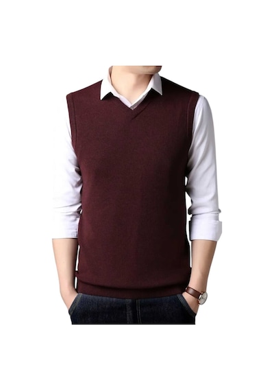 Tezzgelsin 2'li Erkek V Yaka Triko Tüylenmez Süveter Erkek Slim Fit Süveter Bordo - Siyah
