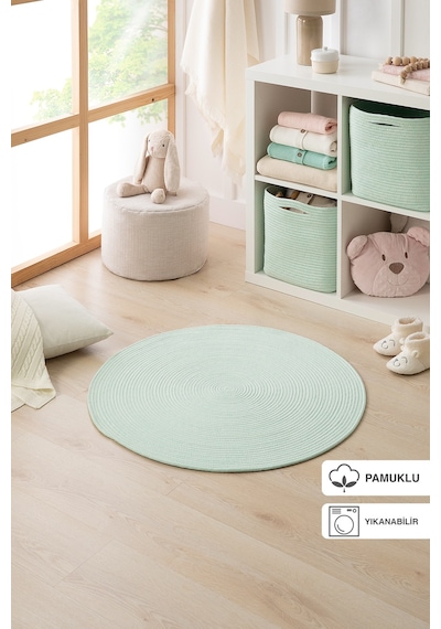 Ocean Home Textile Yıkanabilir Mint Kırçıllı Pamuklu Halı Kilim 80 Cm Çap