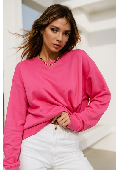 Kadın Pembe Pamuklu İnterlock Oversize Sweatshirt Pembe