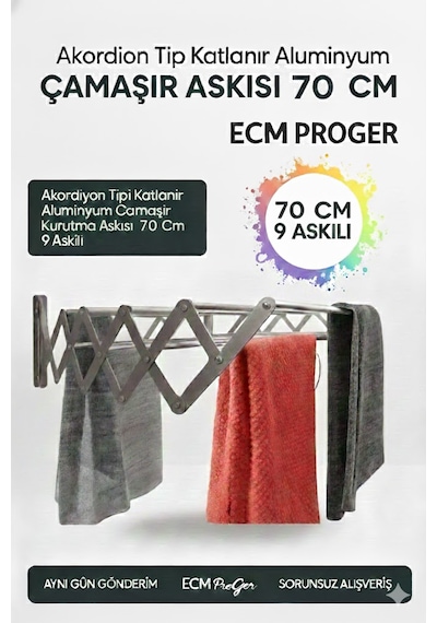 Ecm Proger Akordiyon Katlanabilir Çamaşır Kurutma Askısı - 70 Cm Genişlik 9 Çubuklu Model Açık Gri