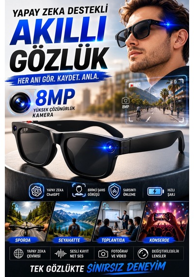 Birinci Şahıs Görüşlü 8mp Kameralı Yapay Zeka Akıllı Gözlük Chatgpt Destekli Model