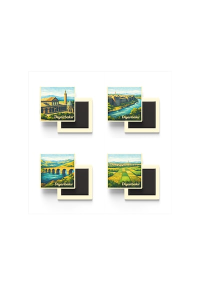 Diyarbakır - 4'lü Memleket Seti - Baskılı Buzdolap Magneti Kare - 9x9 Cm - 4 Adet