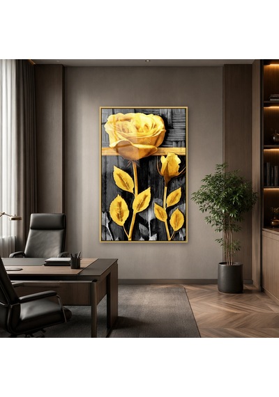 Siyah Fonda Altın Sarısı Güller Gold Çerçeveli Cam Tablo