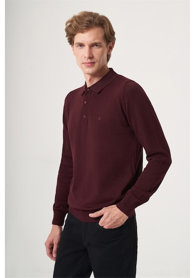 İmza Bordo Polo Yaka Uzun Kol Örme Comfort Fit Pamuklu Kazak 1012265007