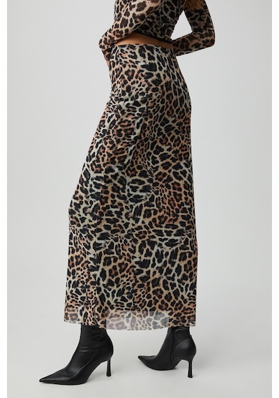 Grimelange Kadın Maxi Boy Slim Fit Beli Lastikli Tül Batik Desenli Leopar Desenli Etek