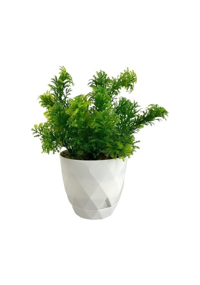 Yapay Çiçek Beyaz Saksıda Fesleğen Dekoratif Masa Çiçeği 25Cm