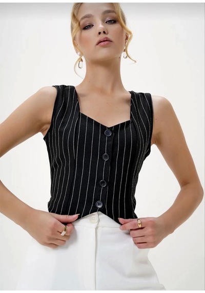 Defymoda Çizgili Krep Düğmeli Yelek Siyah S3395 Siyah