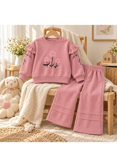 Efka Kids Kız Çocuk Çiçek Nakışlı Fırfırlı Alt Üst Takım Gül Kurusu