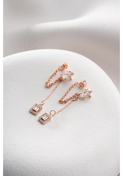 925 Ayar Gümüş Rose Kaplama 5 Mm Tektaş Sallantılı Zincir Baget Taşlı Tektaş Küpe Rose
