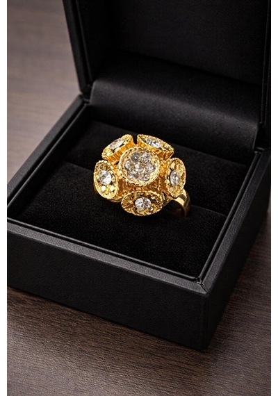 Gold Taşlı Nostaljik Ayarlanabilir Yüzük Gümüş + Altın