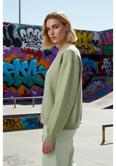 Benerly Kadın Bisiklet Yaka Düşük Kol Regular Kalıp Örme Sweatshirt Fonks Mint