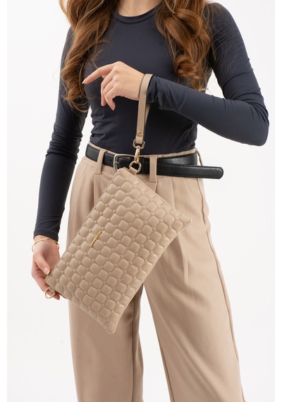 Sanmorris Kadın Suni Deri Kum Renkli Ayarlanabilir Çapraz Ve El Askılı Portföy, Clutch Çanta Kum