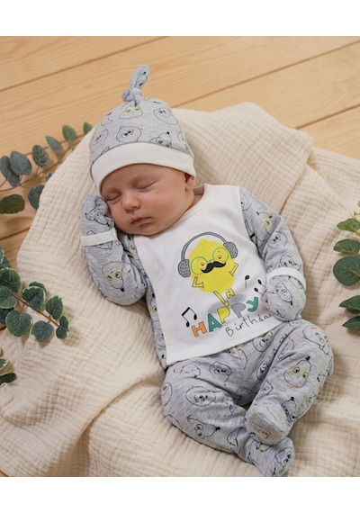 İmaj İmajbebe 3'lü Takım Limon Adam Baskılı Kendinden Eldivenli Alt Üst Şapka Seti 0-3 Ay Gri